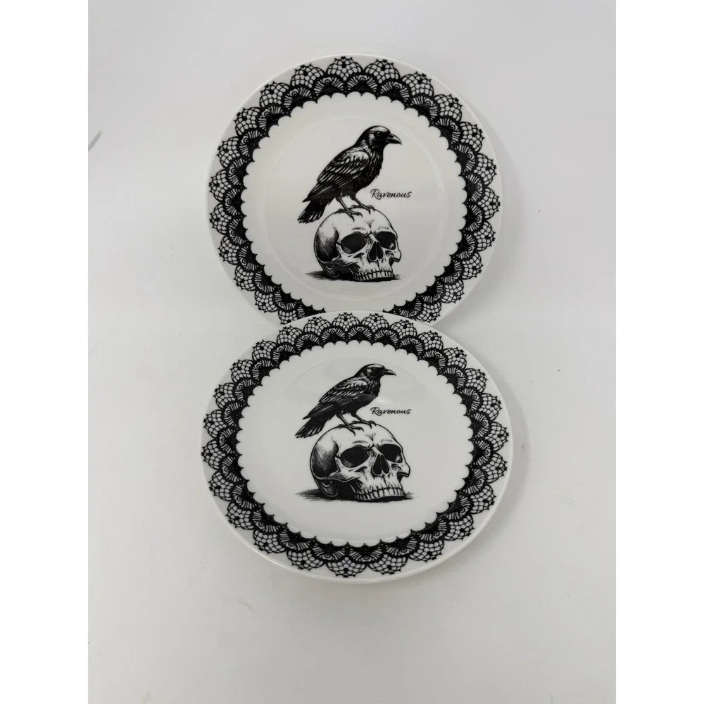 10 Strawberry Street Halloween Skull Lace Raven Set 8 Inches Plate